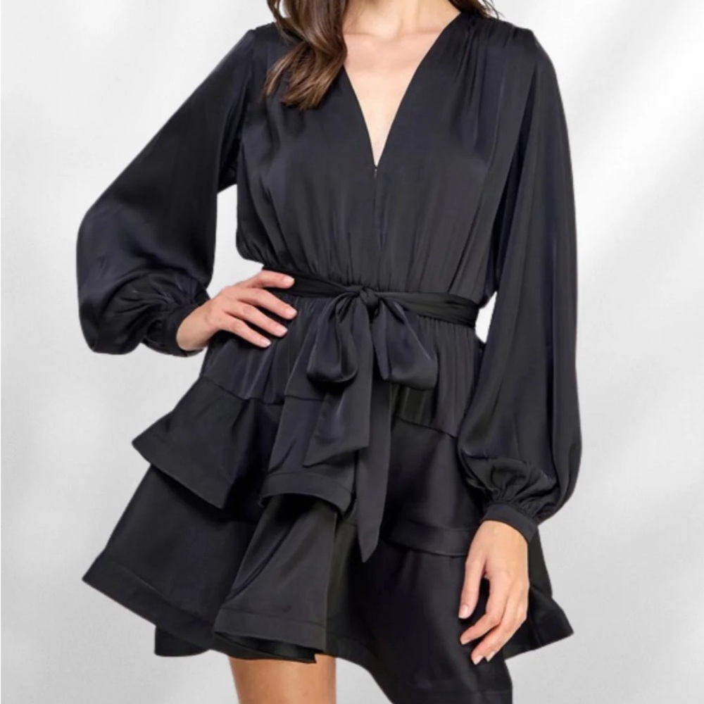 Classy satin mini tiered dress w long sleeves